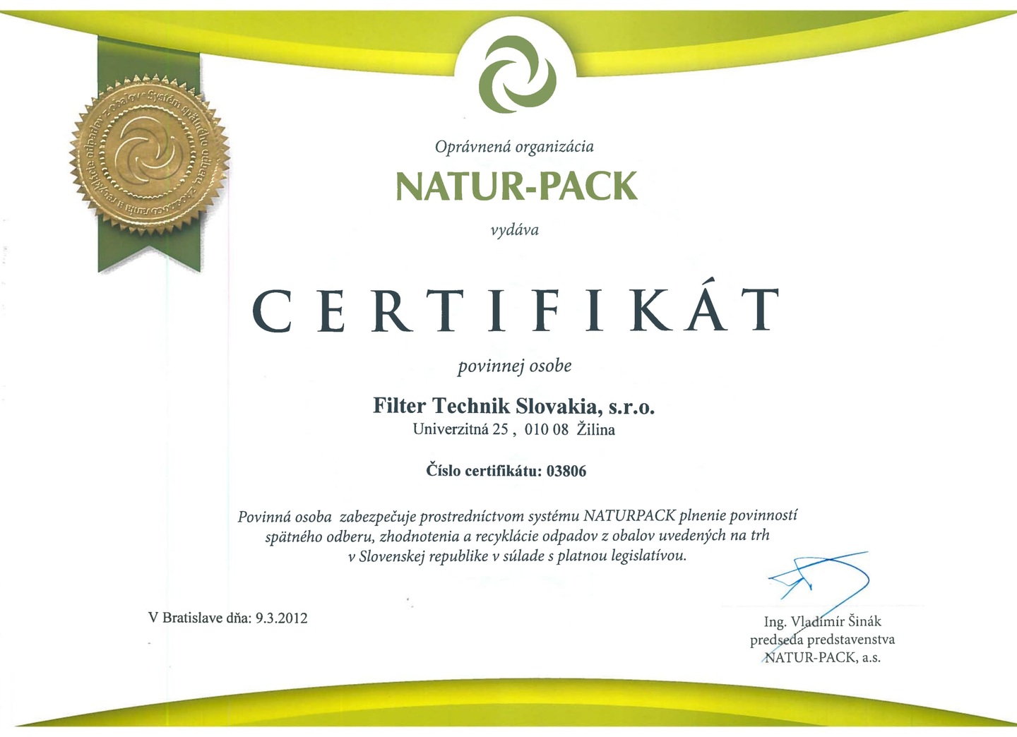 Certifikát NATUR-PACK