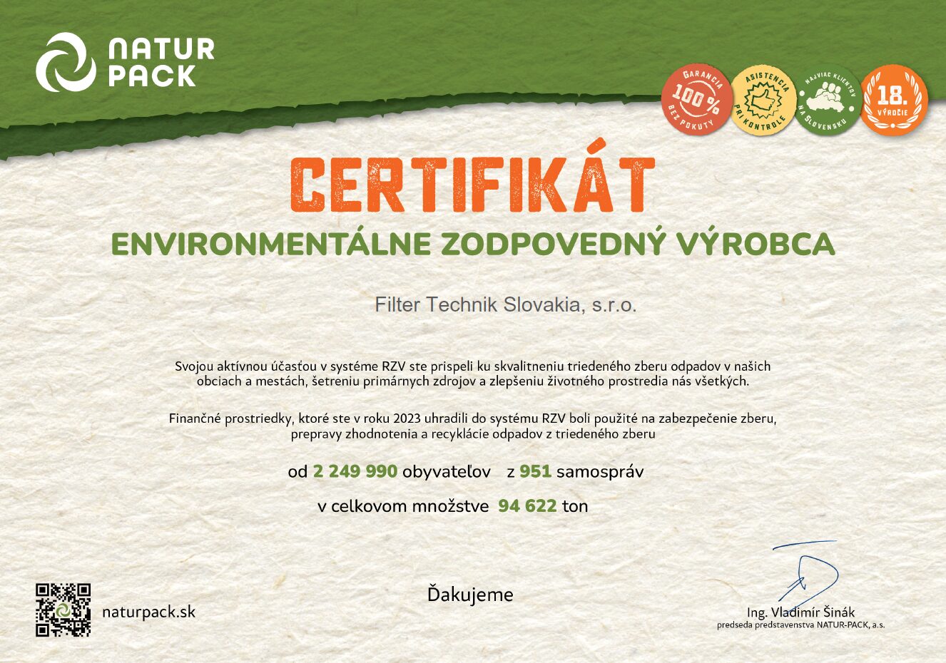 Certifikát NATUR-PACK: Environmentálne zodpovedný výrobca