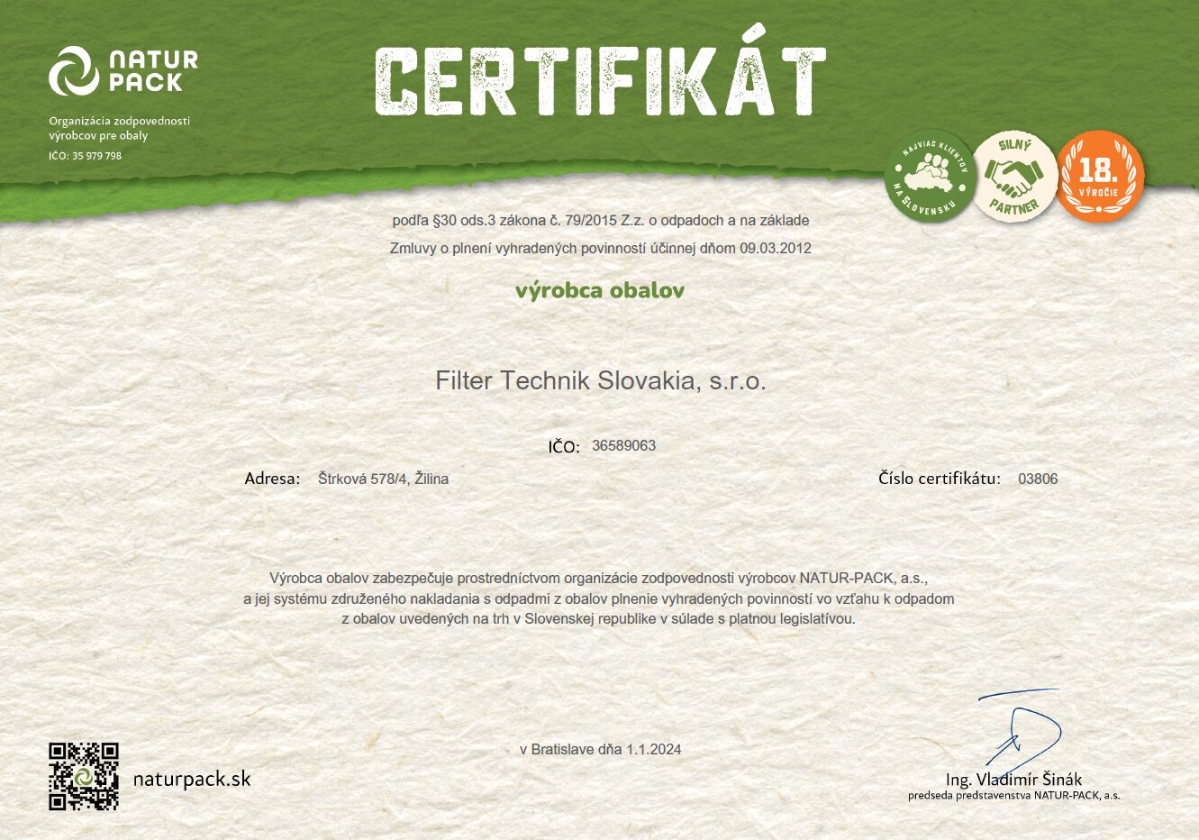Certifikát NATUR-PACK: výrobca obalov