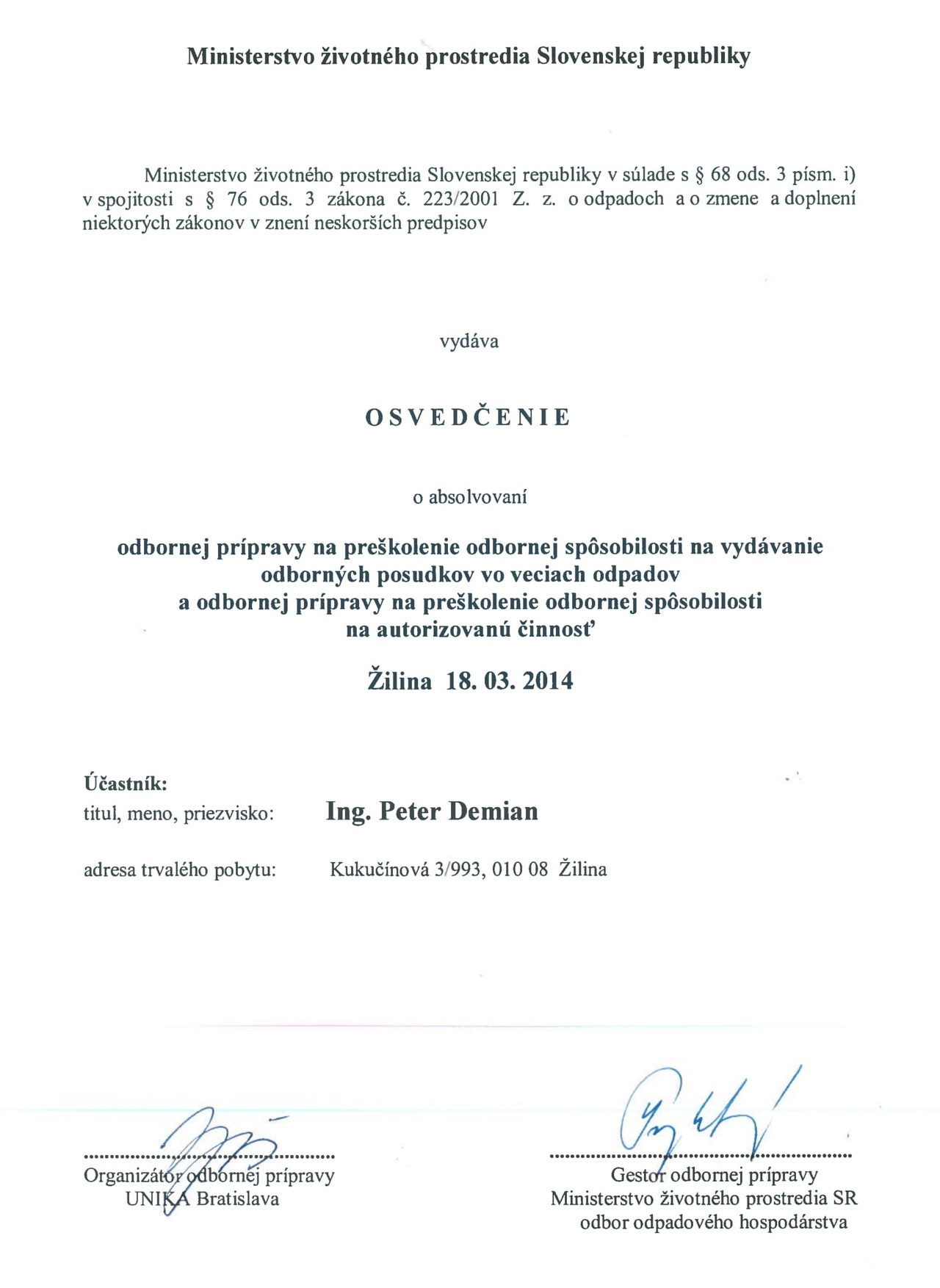 Osvedčenie MŽP