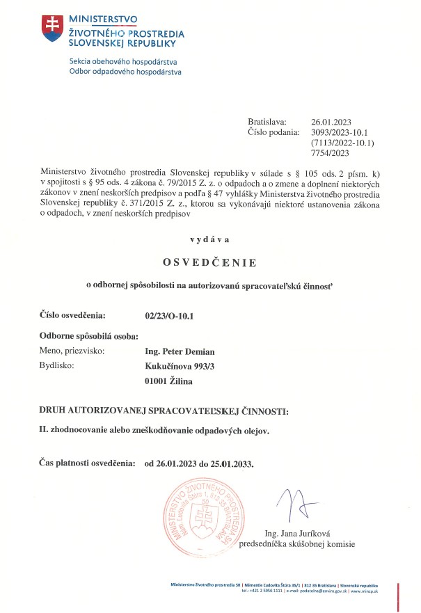 Osvedčenie o odbornej spôsobilosti na autorizovanú spracovateľskú činnosť