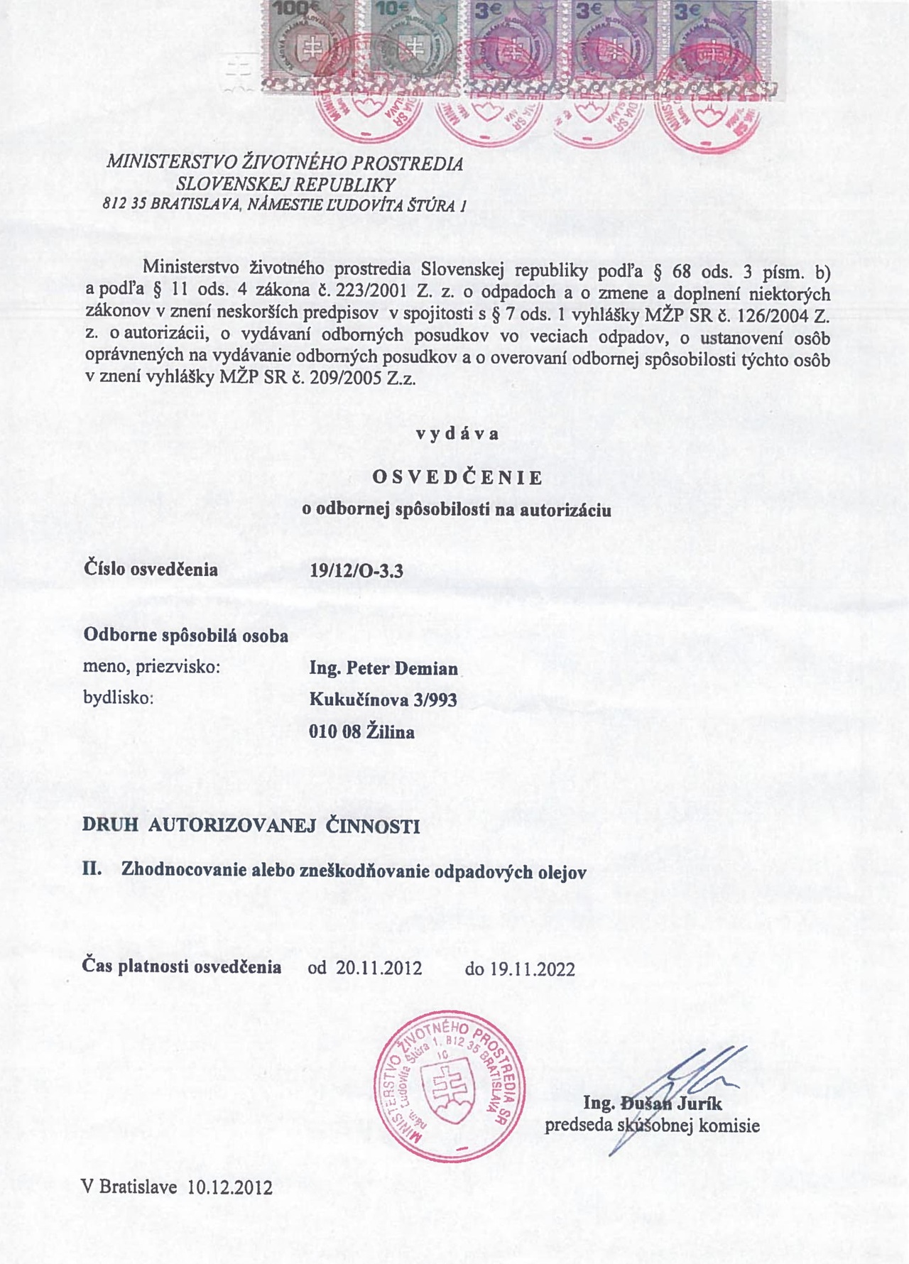 Osvedčenie o odbornej spôsobilosti na autorizáciu